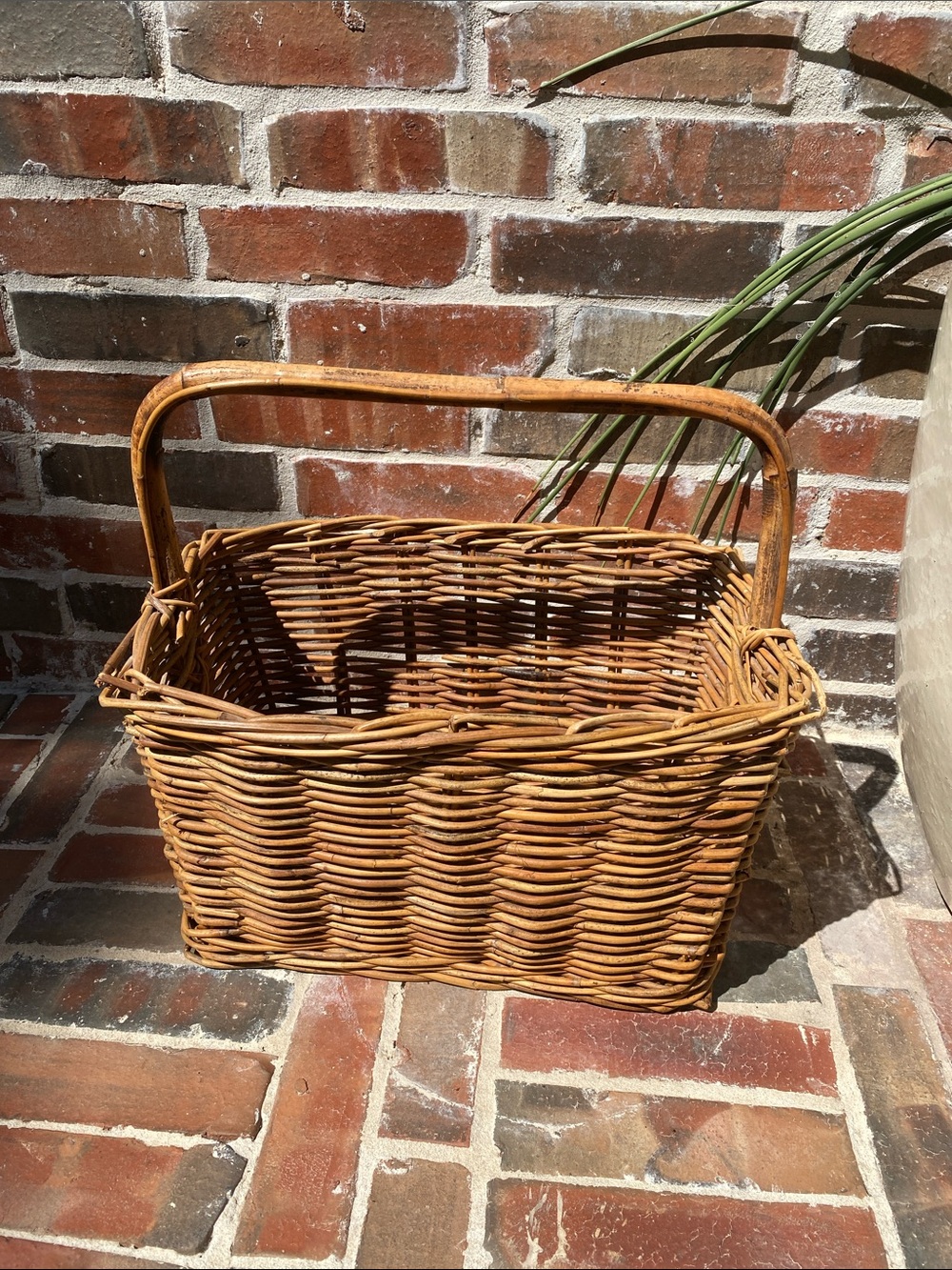 Vintage Woven Rattan Gathering Basket with Bamboo Handle in Natural Brown - Picture 7 of 16